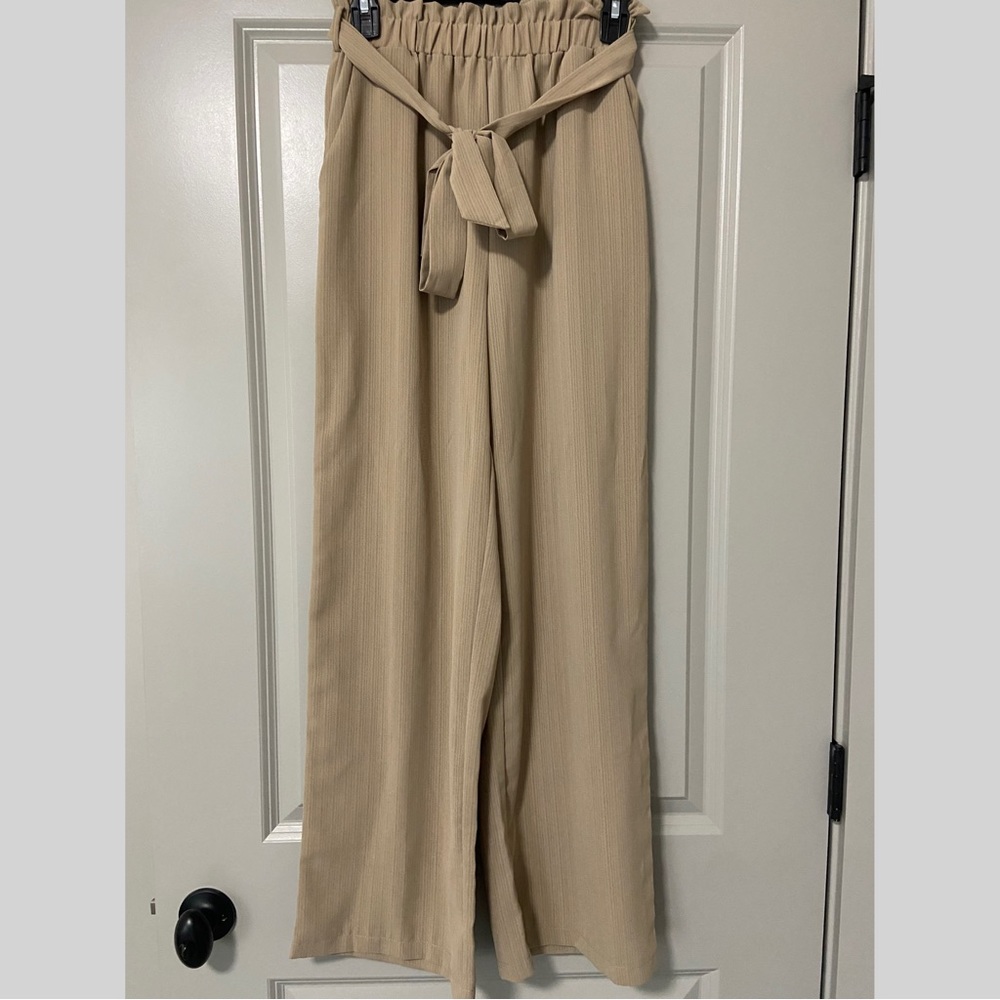 SHEIN tan flowy dress pants with tie belt